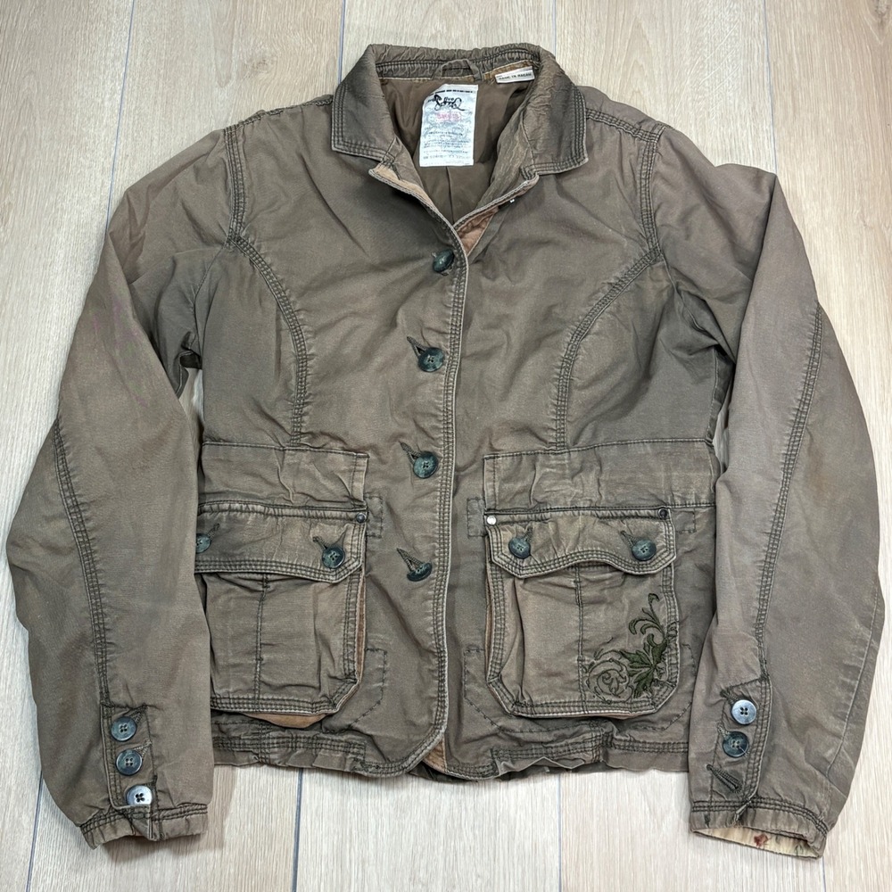 Triple Five Soul Y2K Womens Utility Jacket Brown Floral Embroidery Cotton Small